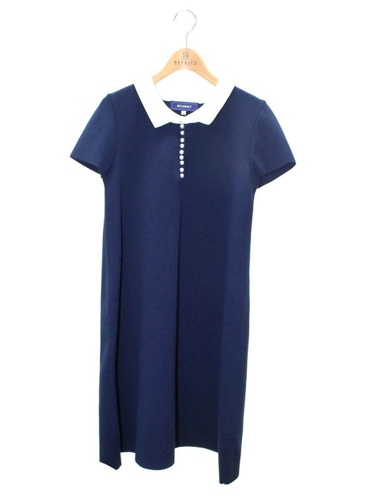 エムズグレイシー 018345 ワンピース 38 ネイビー ボリュームスリーブニット パール IT6JM7YJB4OF