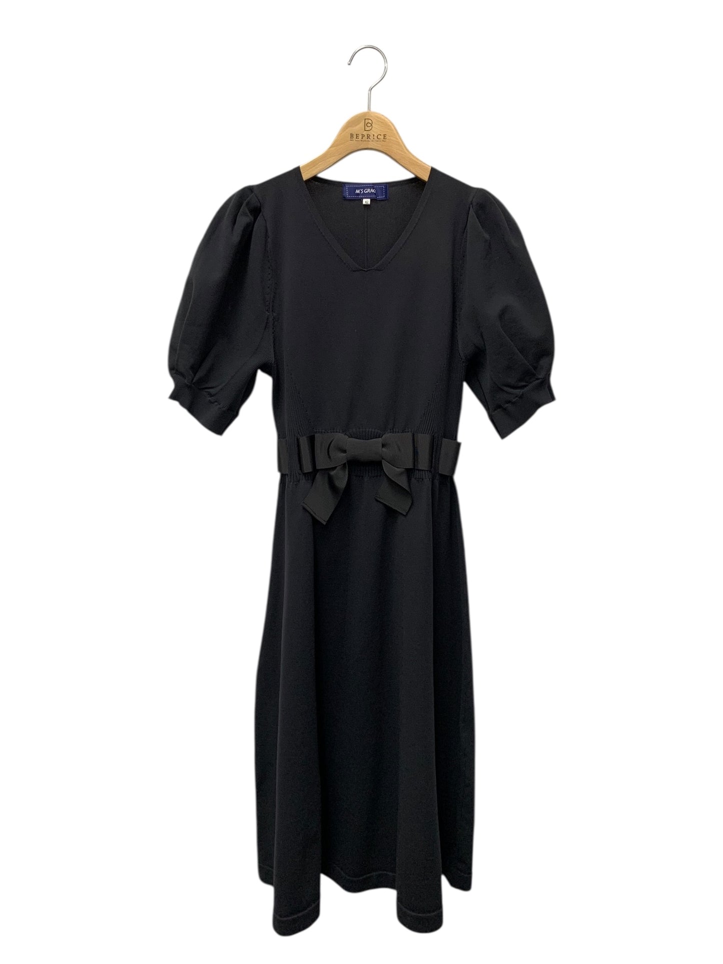 エムズグレイシー 218313 ワンピース 42 ブラック ウエストリボン パフスリーブ ITI1F9KK02XM