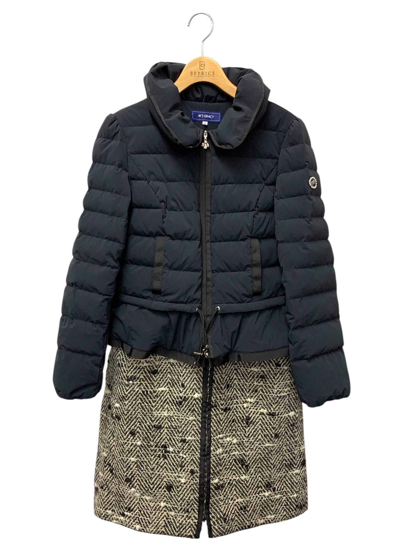 エムズグレイシー 729505 ダウンジャケット 38 ネイビー ペプラム Wカメリアジップ ウール ITTZKDVMC7VM