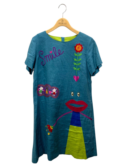 アルベロベロ 615136 ワンピース ブルー 麻 ブタ ウサギ フラワー 刺繍 IT9VM5WNMYAE