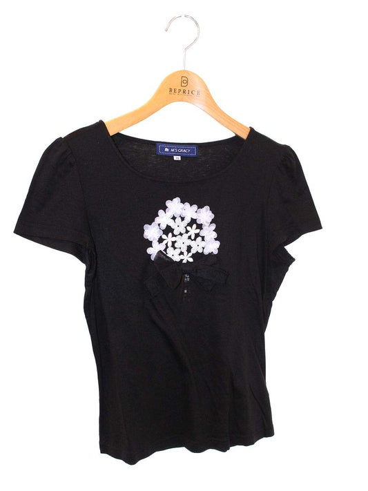 エムズグレイシー 525304 Tシャツ カットソー 38 ブラック フラワーモチーフ リボン ITZVESN1OLNG