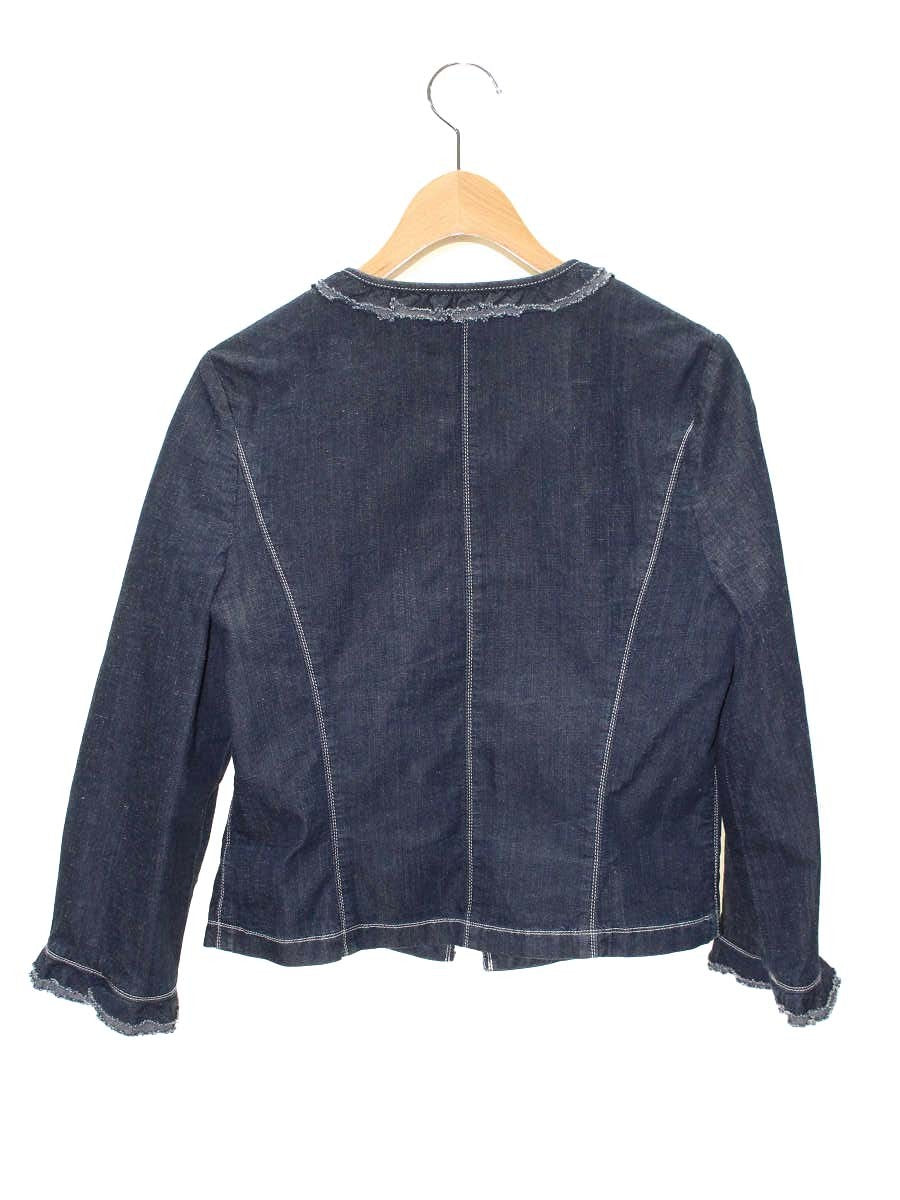 エムズグレイシー 814317 デニムジャケット 40 ネイビー ノーカラー フリル ビジュー ITVVT91XSCPW