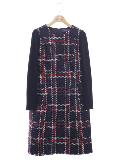 エムズグレイシー 811541 ワンピース 36 ネイビー ツイード ニット チェック柄 IT4EXOP80DN4