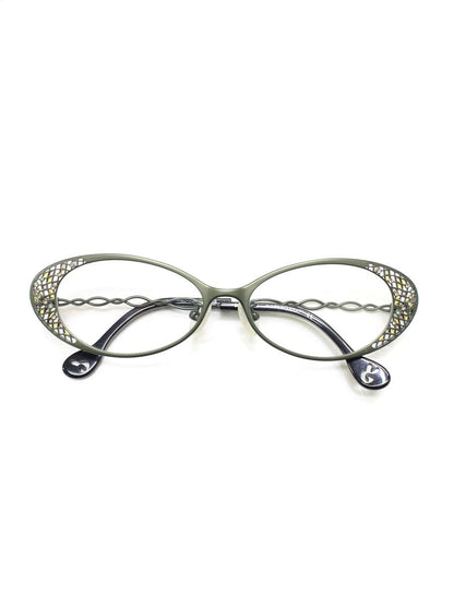 カムロ tricot メガネ カーキグリーン メタルフレーム フルリム オーバル ストーン メッシュ IT3JHUFOJ658 【SALE】