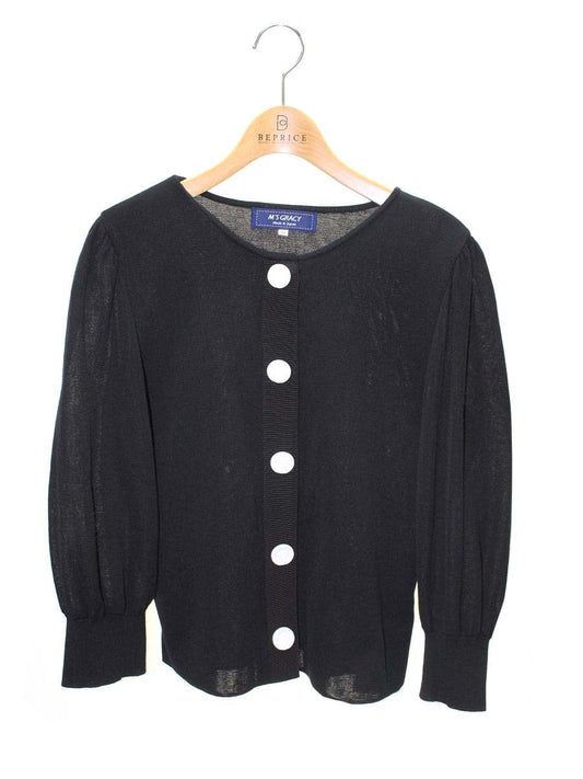 エムズグレイシー 238319 カーディガン 42 ブラック パフスリーブ カメリアボタン ITGMKIALXT1O