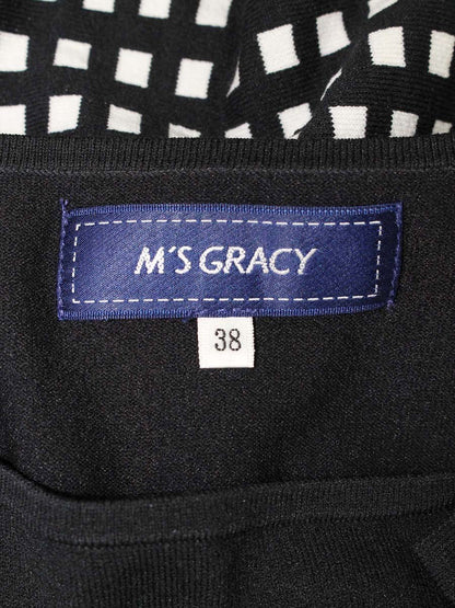 エムズグレイシー 018338 ワンピース 38 ブラック/ホワイト フィット＆フレアニット リボン ITCNWYVQWDIO