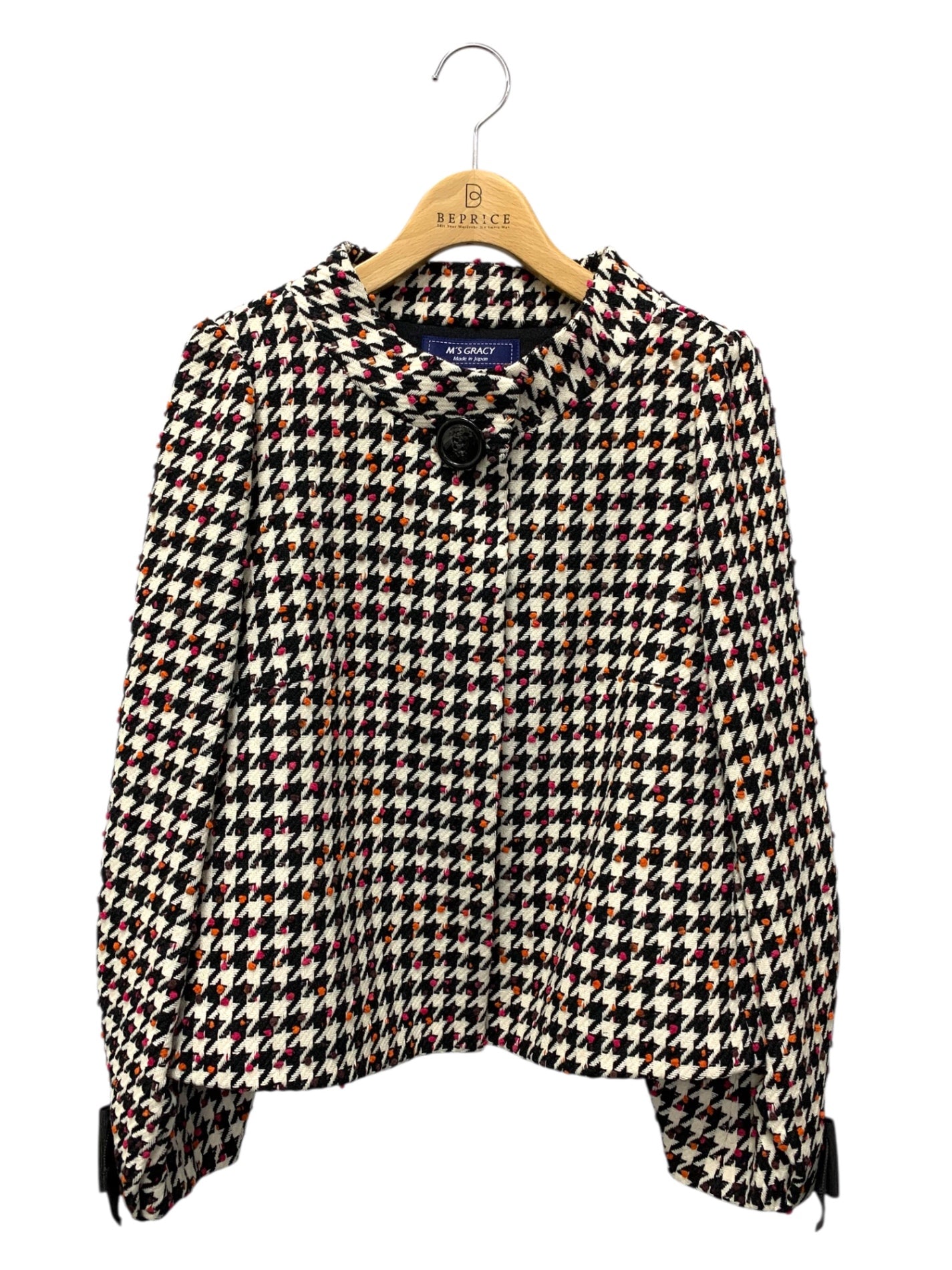 エムズグレイシー 219615 ジャケット 40 ホワイト 千鳥格子柄 リボン ITBB06IN6379