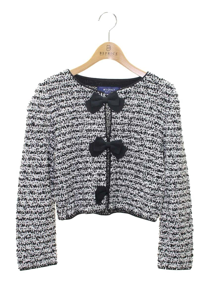 エムズグレイシー 018504 カーディガン 38 ブラック ツイード調 リボン ラメ ITUXZTOT4XM1