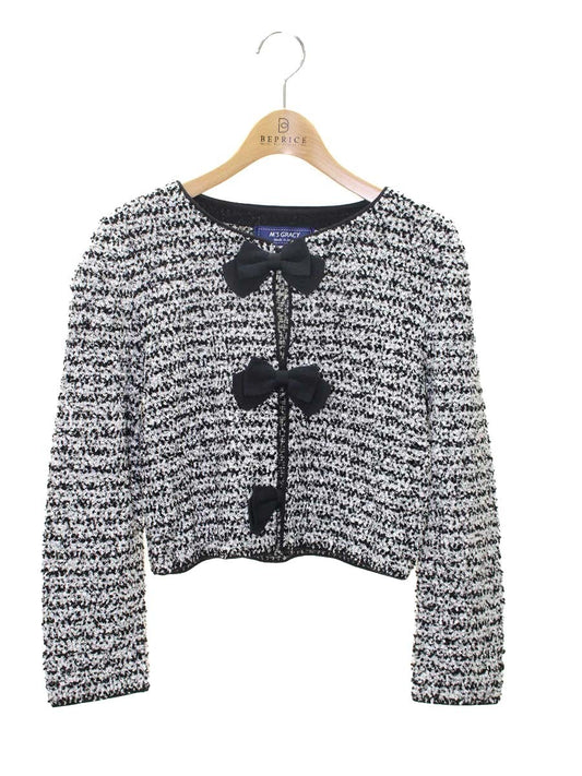 エムズグレイシー 018504 カーディガン 38 ブラック ツイード調 リボン ラメ ITUXZTOT4XM1