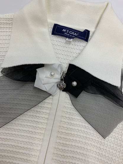 エムズグレイシー バイカラージップアップ 418124 ニットジャケット 38 ホワイト リボン ITZESD9OCOVE