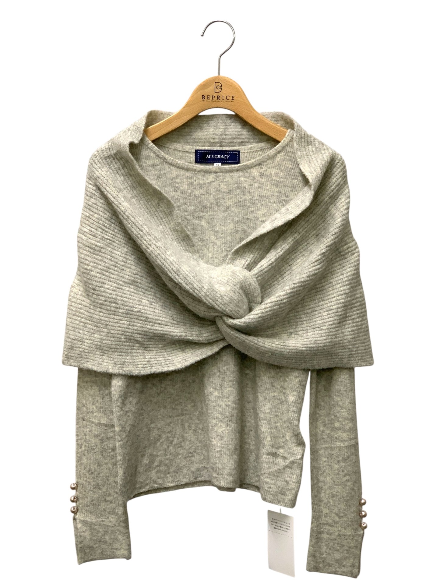 エムズグレイシー Off Shoulder Knit 818596 ニット セーター 38 グレー ウール混 袖パール付 ITN85AE6ORFS