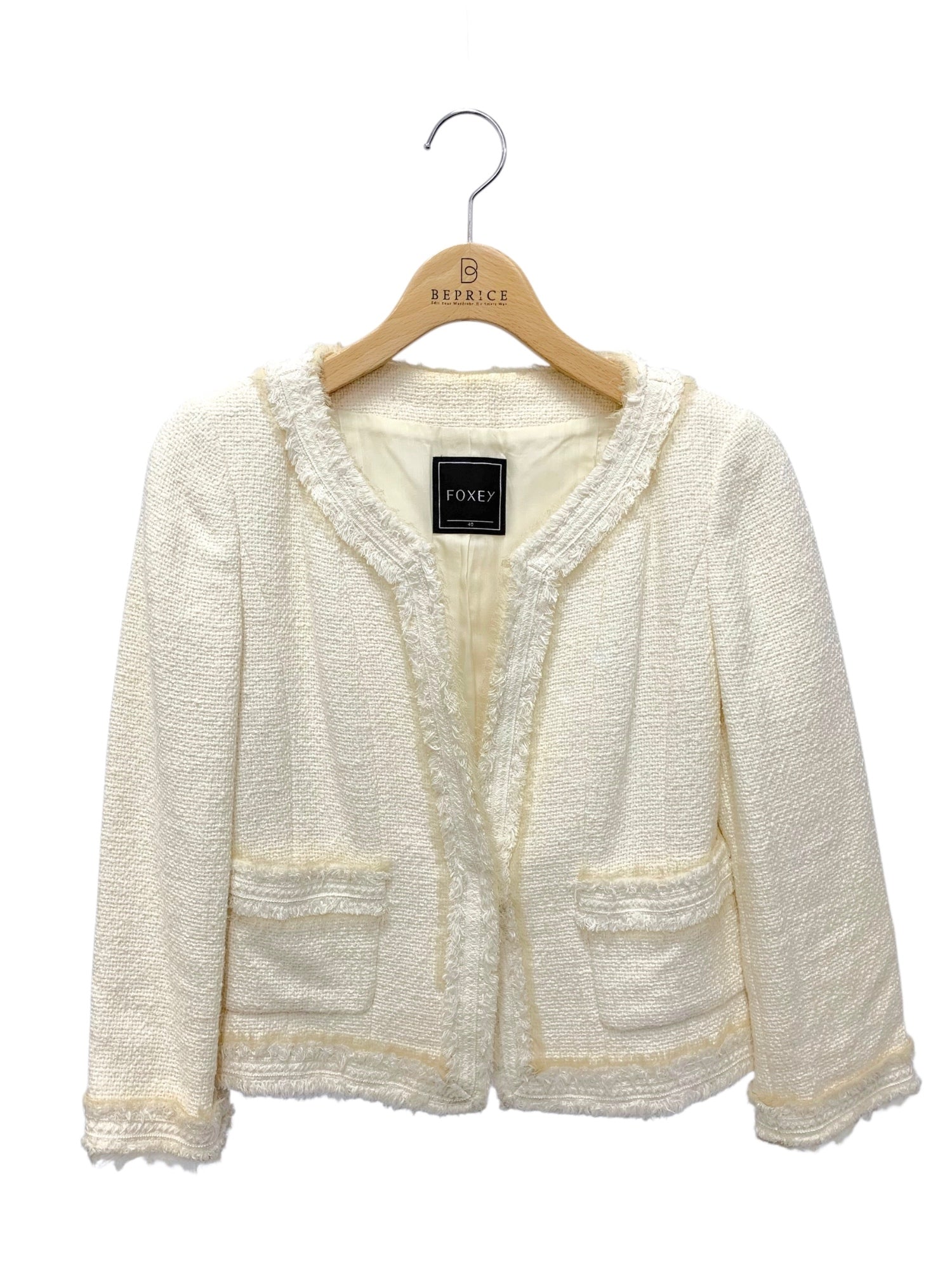 W*フォクシー FOXEY ノーカラージャケット 38 黒/白 sy3610139266