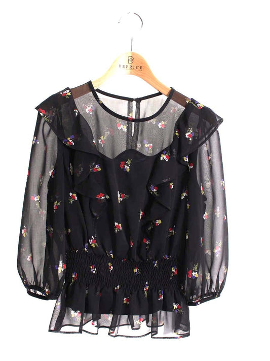 エムズグレイシー Frill Chiffon Blouse 910319 トップス 38 ブラック カットソー ウエストギャザー フリル ITIPG85F8GFC 【SALE】