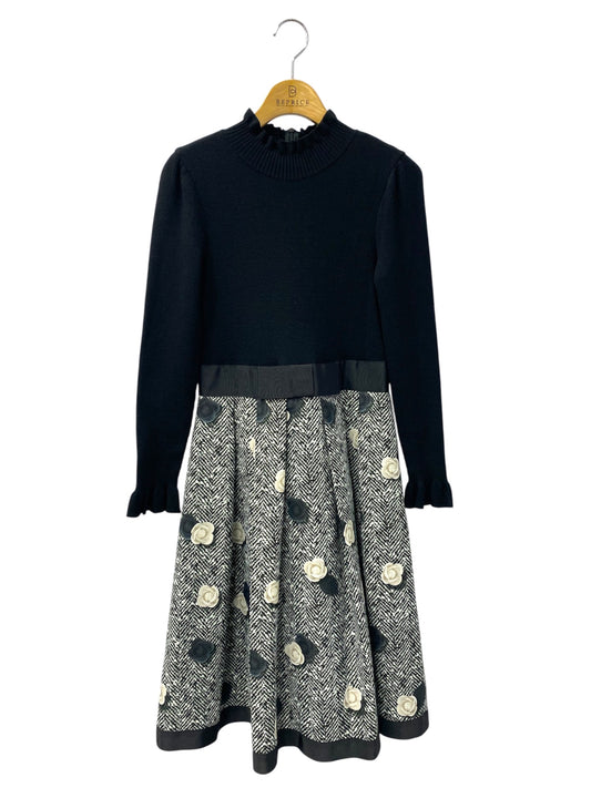 エムズグレイシー 011523 ワンピース 36 ブラック フラワーモチーフ ニット切替 ITWRGK8B3KD6