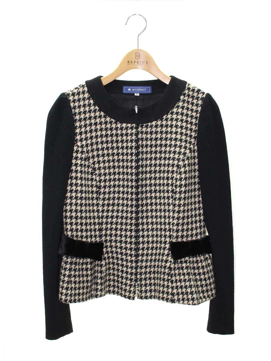 エムズグレイシー 424701 ジャケット 40 ブラック リボン 千鳥柄 ウール アンゴラ ITNBS3DLLUTM