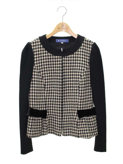 エムズグレイシー 424701 ジャケット 40 ブラック リボン 千鳥柄 ウール アンゴラ ITNBS3DLLUTM