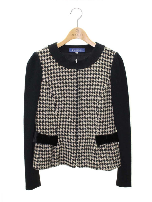 エムズグレイシー 424701 ジャケット 40 ブラック リボン 千鳥柄 ウール アンゴラ ITNBS3DLLUTM