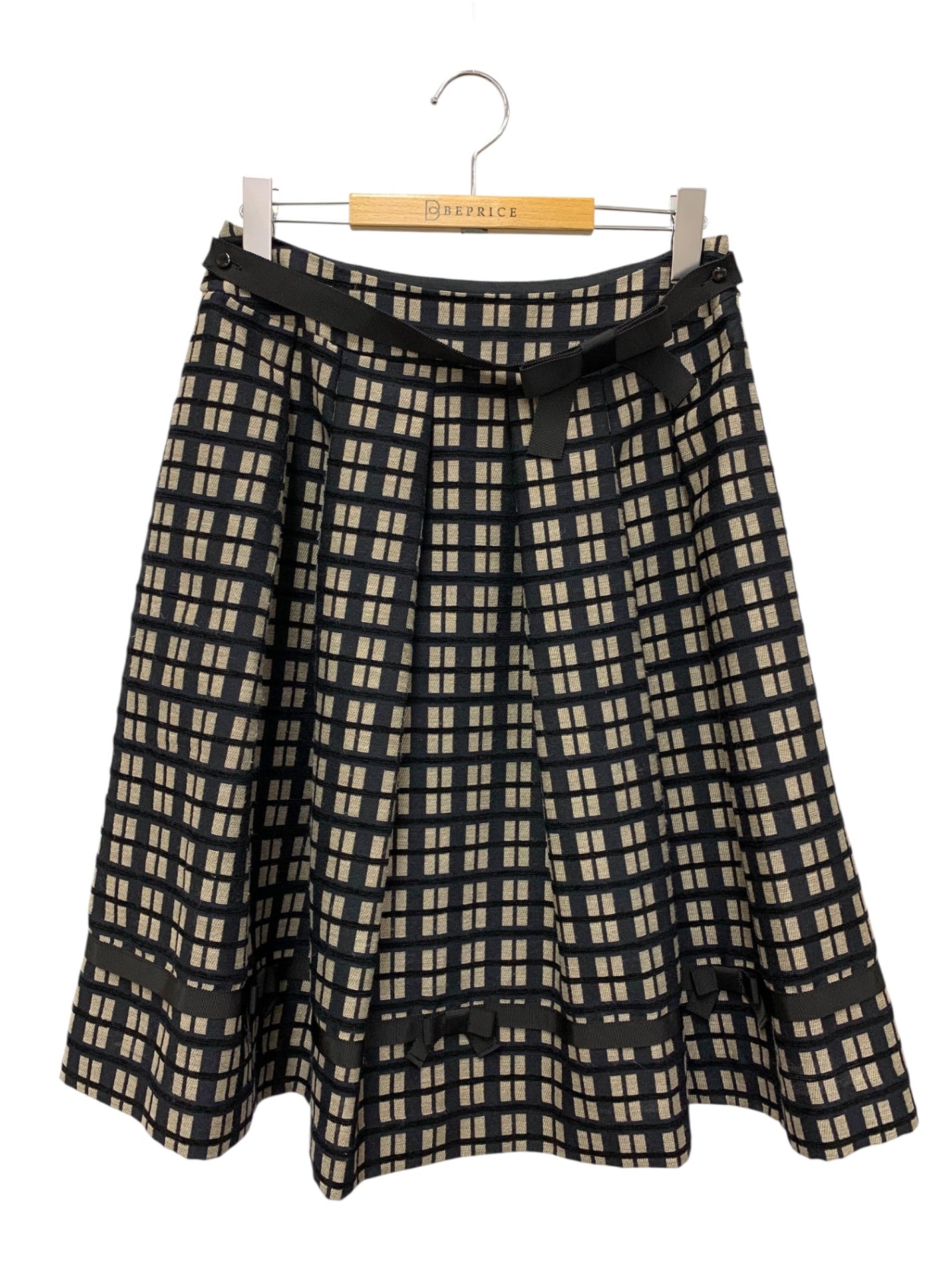 エムズグレイシー 117515 スカート 40 ネイビー リボン 格子柄 サイドジップ ITZBJD6901US