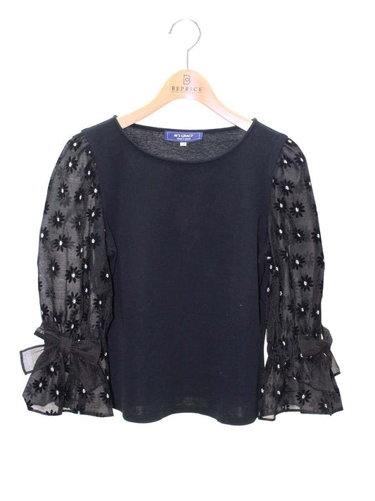 エムズグレイシー 215110 カットソー 38 ブラック シフォン フラワーモチーフ ITRD7CZADV6P