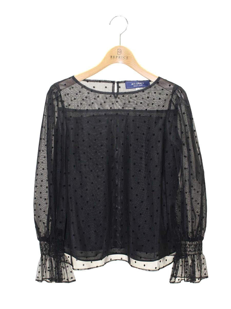エムズグレイシー Tulle Blouse 010112 ブラウス 36 ブラック ドット 水玉 パフスリーブ ITTMAU6CFDFY