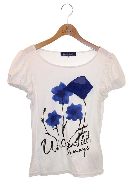 エムズグレイシー 025306 Tシャツ カットソー 38 ホワイト フラワーモチーフ バルーン袖 ITJWRLOSQRQO