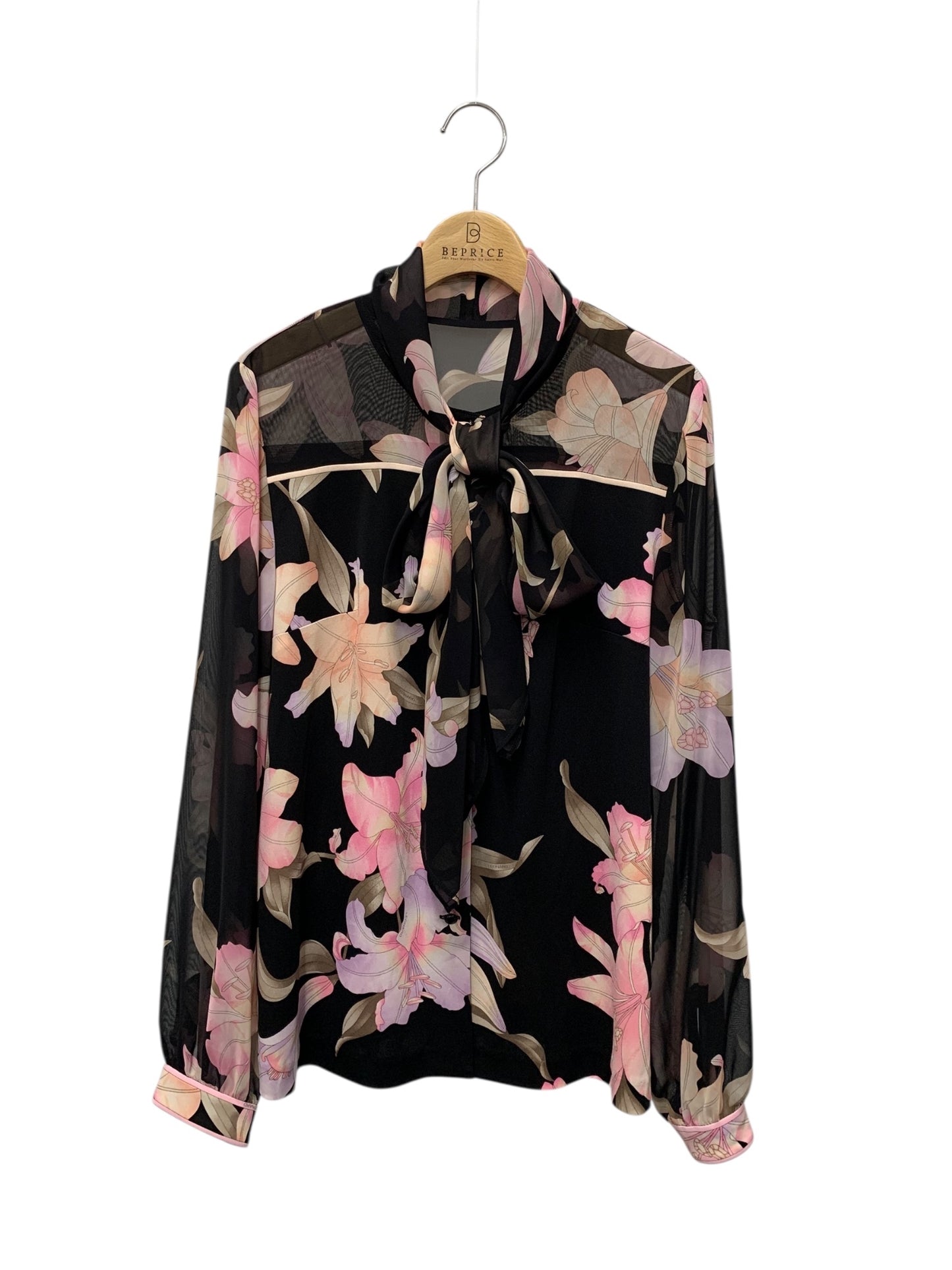 レオナールファッション 0149206 42 ブラック フラワープリント ボウタイブラウス ITLQKNU75P4E