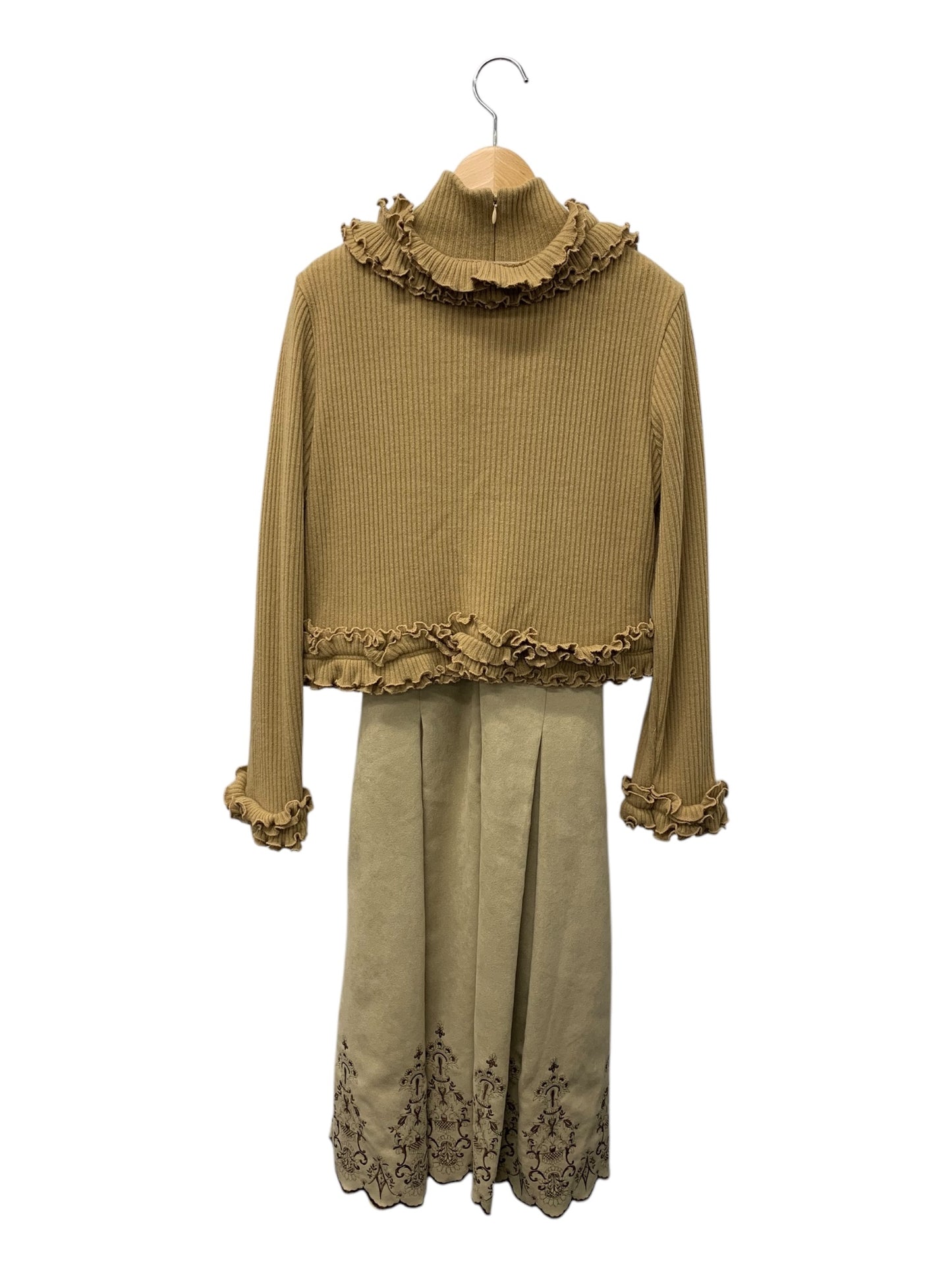 ギャラリービスコンティ 1368400 2 ブラウン ファネルネック フリル 刺繍 ワンピースセットアップ ITOX29HHXTHC