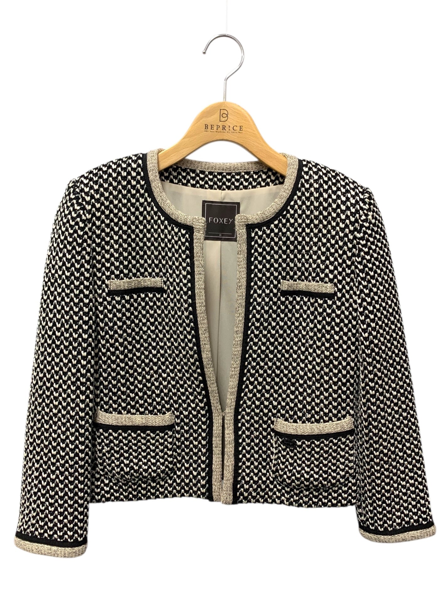 フォクシーブティック Platinum Tweed 35326 ジャケット 38 ブラック ツイード ノーカラー IT02W3T2GIIL