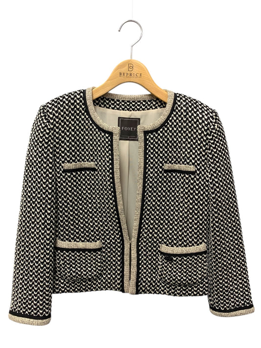 フォクシーブティック Platinum Tweed 35326 ジャケット 38 ブラック ツイード ノーカラー IT02W3T2GIIL
