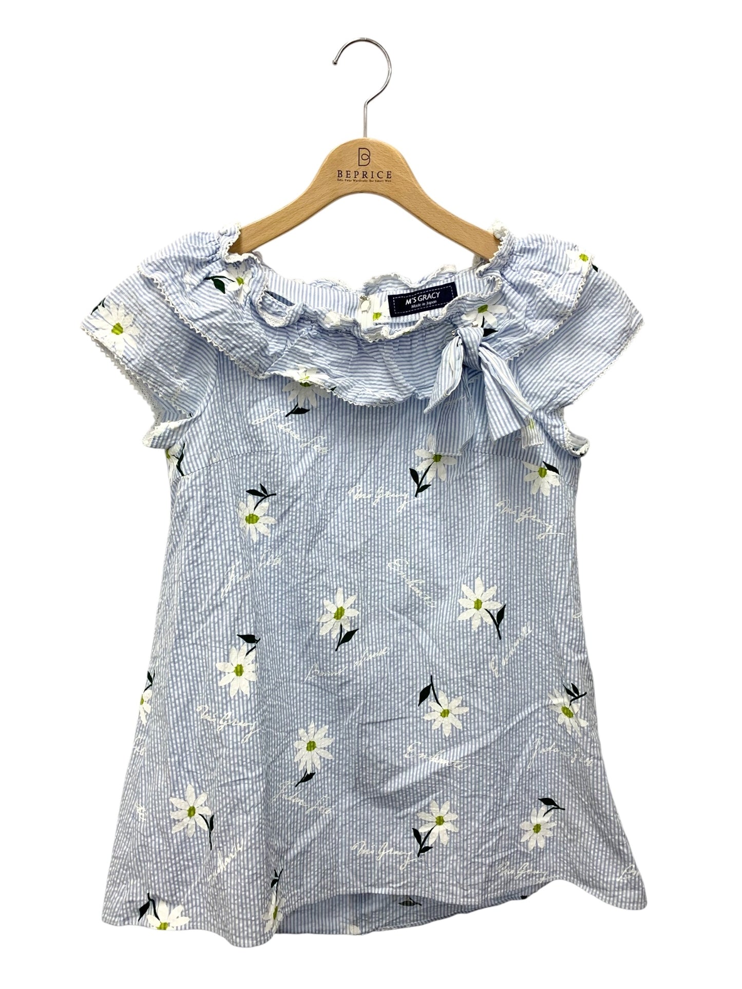 エムズグレイシー 310311 ブラウス 38 ブルー ストライプｘマーガレットモチーフ シアサッカー ITYBN55PPP7S