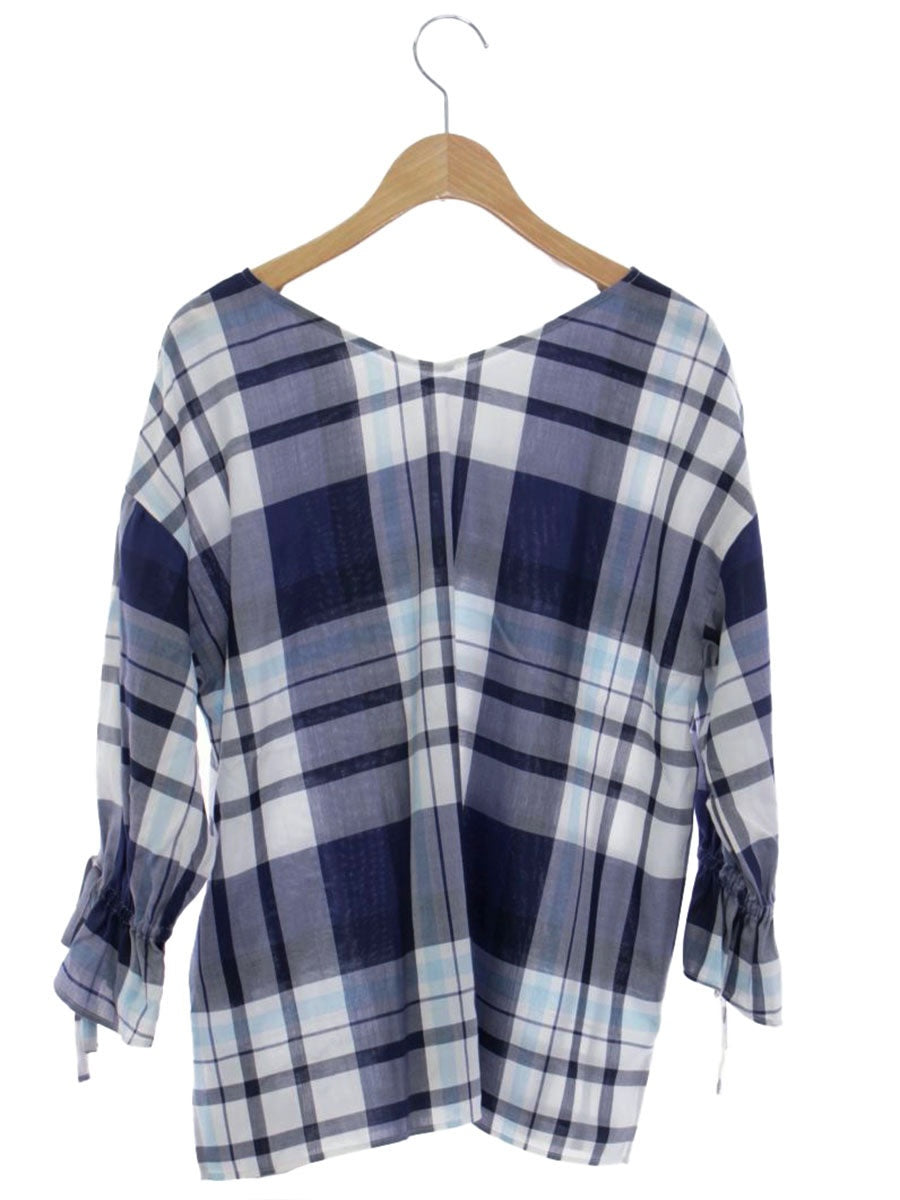 ブルーレーベルクレストブリッジ 55M42-782-29 カットソー 38 ネイビー チェック柄 Vネック パフスリーブ IT1IWVGCOZGW