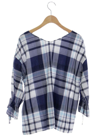 ブルーレーベルクレストブリッジ 55M42-782-29 カットソー 38 ネイビー チェック柄 Vネック パフスリーブ IT1IWVGCOZGW