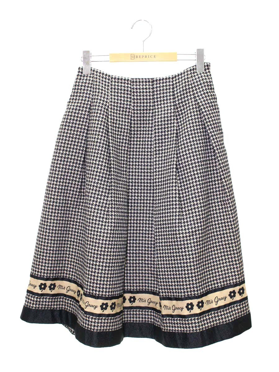 エムズグレイシー 千鳥柄ライン入りタックスカート 317524 40 ブラック/ベージュ フラワーモチーフ IT8TMZUFB3OE