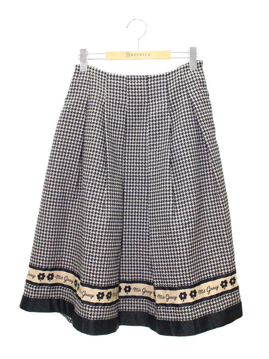 エムズグレイシー 千鳥柄ライン入りタックスカート 317524 40 ブラック/ベージュ フラワーモチーフ IT8TMZUFB3OE