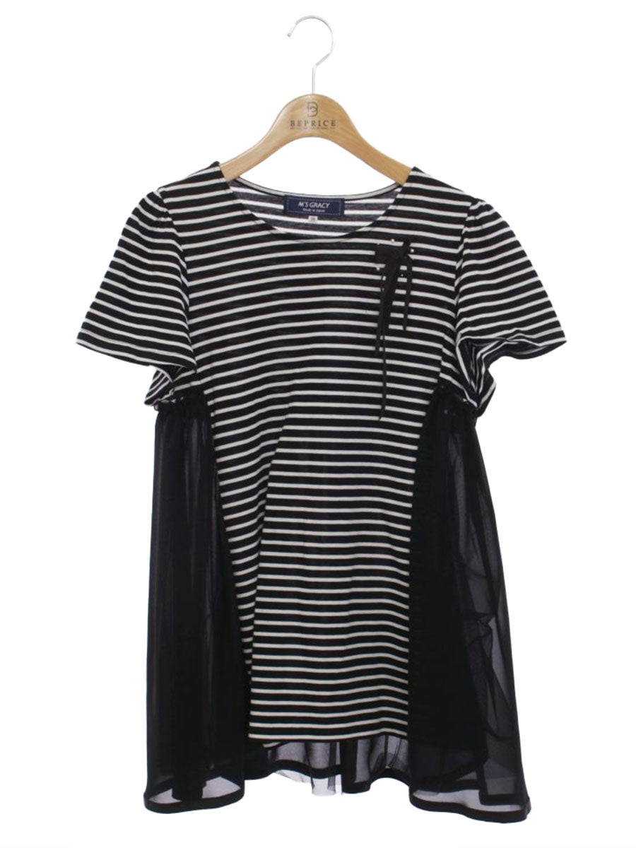 エムズグレイシー 015351 トップス 38 ブラック パール ストライプ リボン ITBXDRQSIZP0
