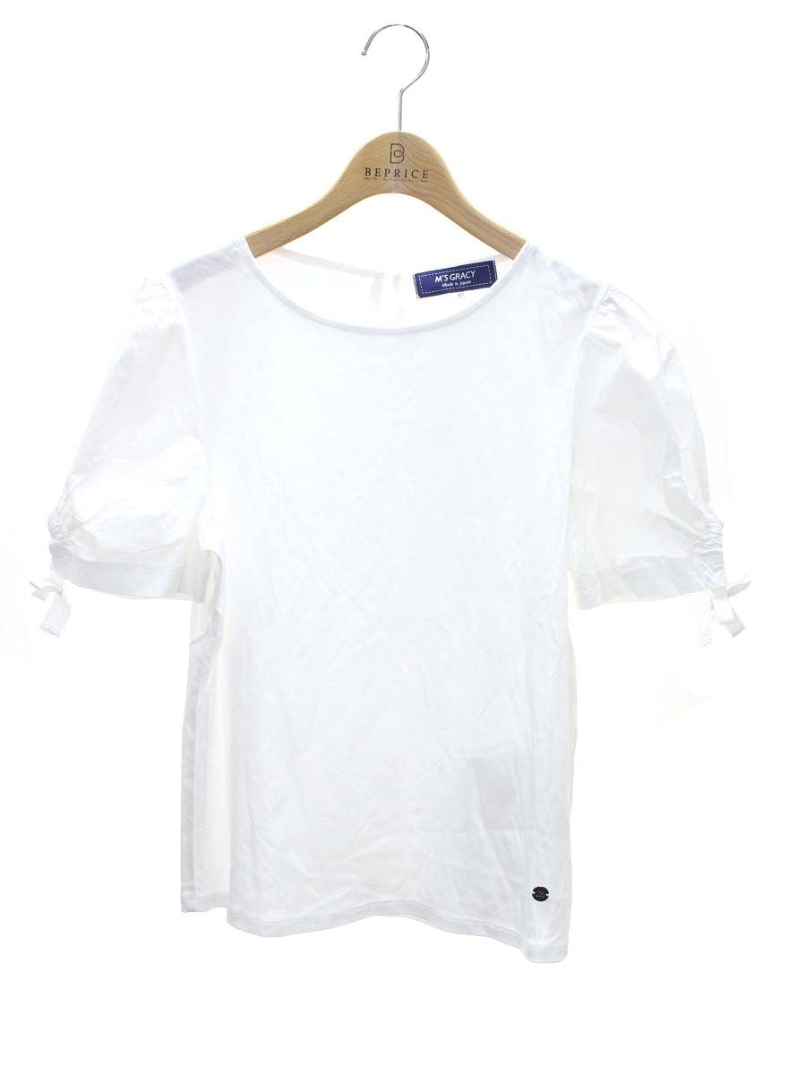 エムズグレイシー 015332 カットソー 40 ホワイト リボン バルーンスリーブ 異素材ミックス ITR5E94C4NFQ