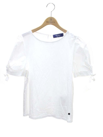 エムズグレイシー 015332 カットソー 40 ホワイト リボン バルーンスリーブ 異素材ミックス ITR5E94C4NFQ