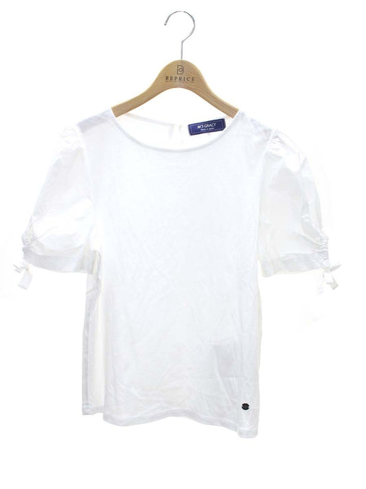 エムズグレイシー 015332 カットソー 40 ホワイト リボン バルーンスリーブ 異素材ミックス ITR5E94C4NFQ