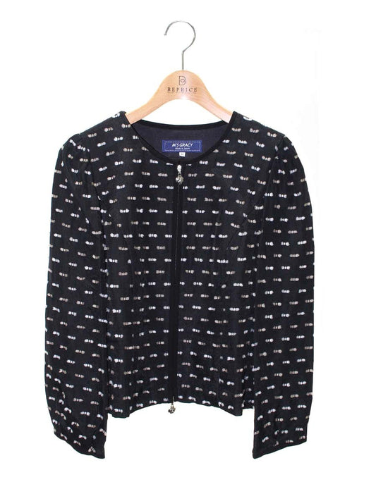 エムズグレイシー 814512 ジャケット 40 ブラック カメリアジップ リボンモチーフ ノーカラー ITAXES7X6WP4