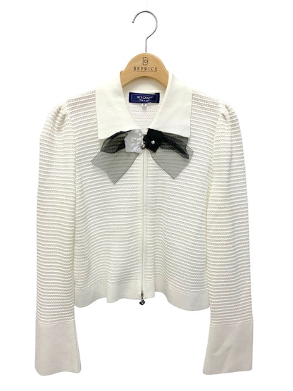 エムズグレイシー バイカラージップアップ 418124 ニットジャケット 38 ホワイト リボン ITZESD9OCOVE