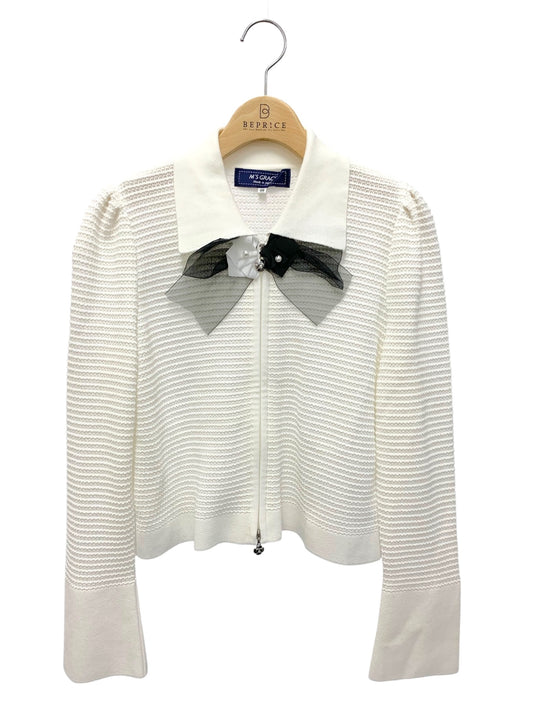 エムズグレイシー バイカラージップアップ 418124 ニットジャケット 38 ホワイト リボン ITZESD9OCOVE