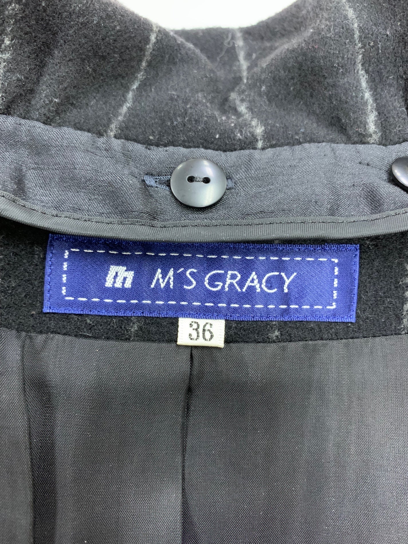 エムズグレイシー 429511 コート 36 ブラック ウール混 ストライプ リボン ITOEYYU7WYNK