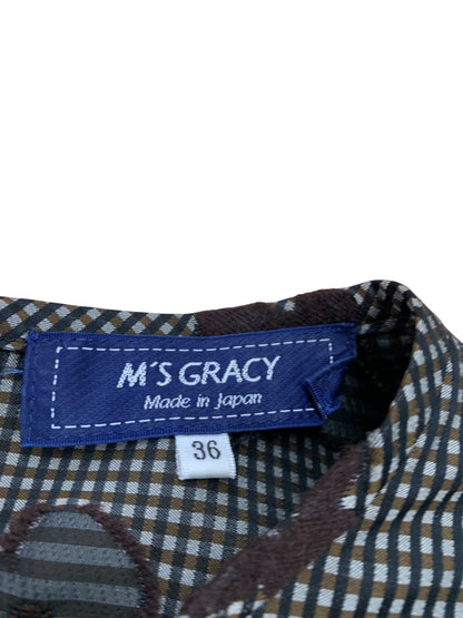 エムズグレイシー 310505 ブラウス 36 ブラウン ギンガムチェック お花モチーフ IT5P35NRYBDM