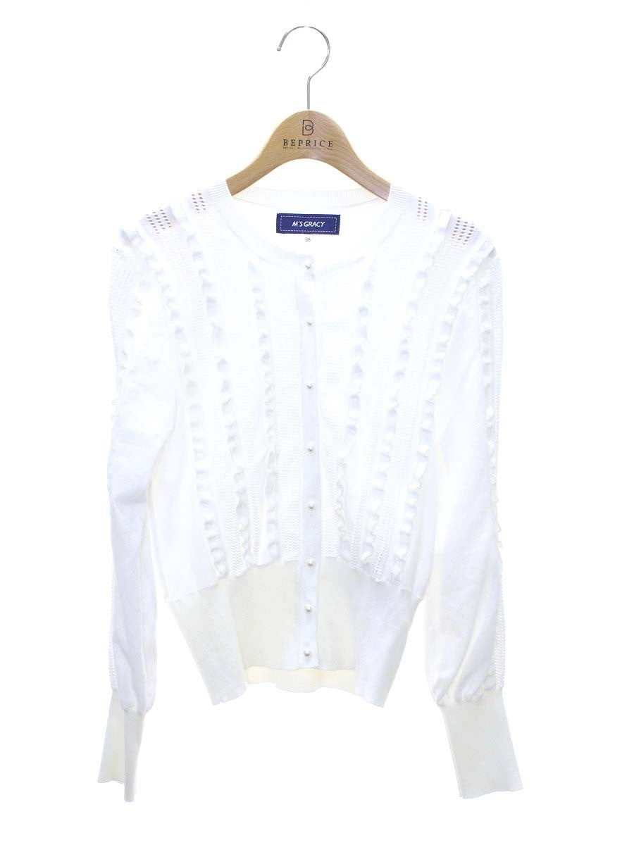 エムズグレイシー 118111 カーディガン 38 ホワイト フリル パール IT8HU036SQVW