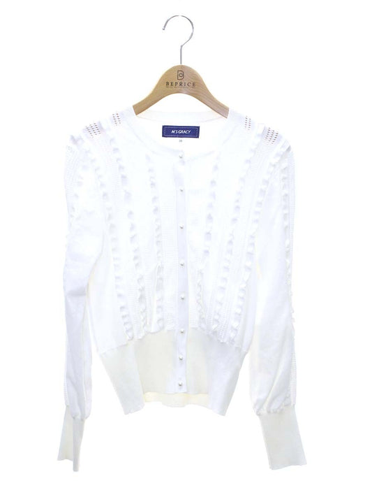 エムズグレイシー 118111 カーディガン 38 ホワイト フリル パール IT8HU036SQVW