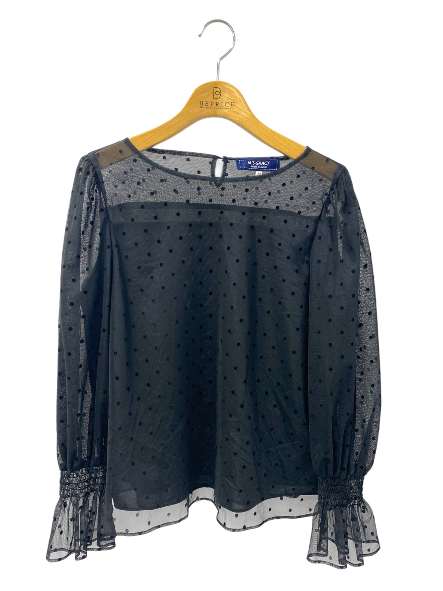 エムズグレイシー Tulle Blouse 010112 Tシャツ カットソー 38 ブラック ベロア ドット柄 IT6AXPCSW8G8 【SALE】