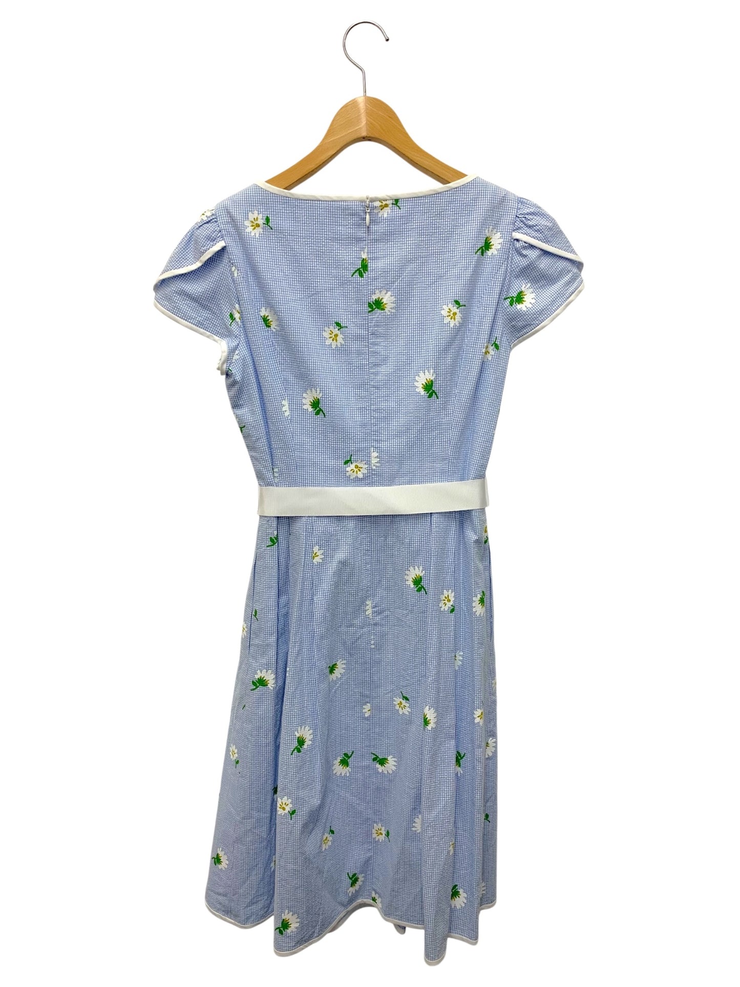 エムズグレイシー 011325 ワンピース 36 ブルー チェック柄 フラワーモチーフ IT1QPR3DTHD0 【SALE】