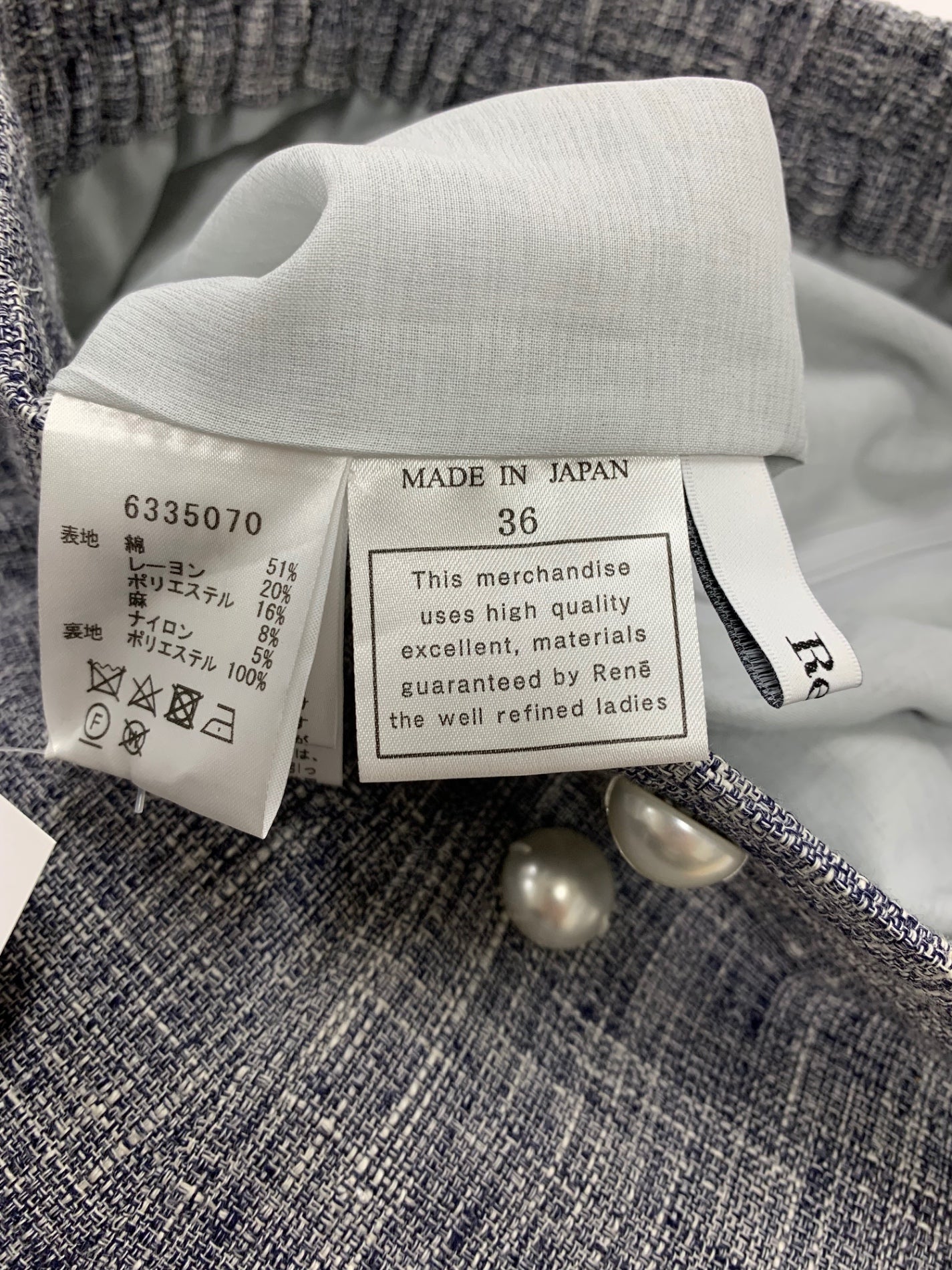 ルネ 6335070 ワイドパンツ 36 ネイビー ツイード調 パールボタン ITHXP99XASS0