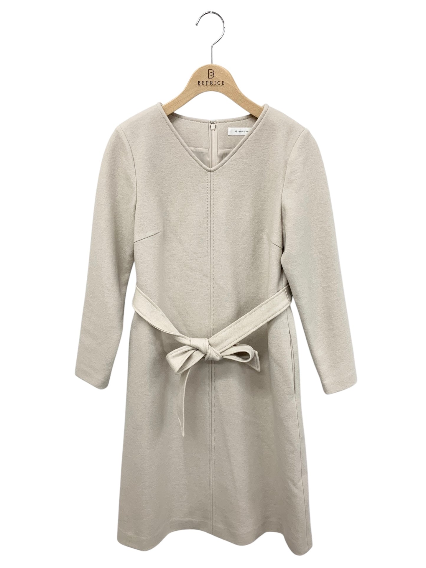 エムプルミエ A928-005 ワンピース 34 ベージュ Vネック ウール ベルト付き ITC84BRYQ0Z0