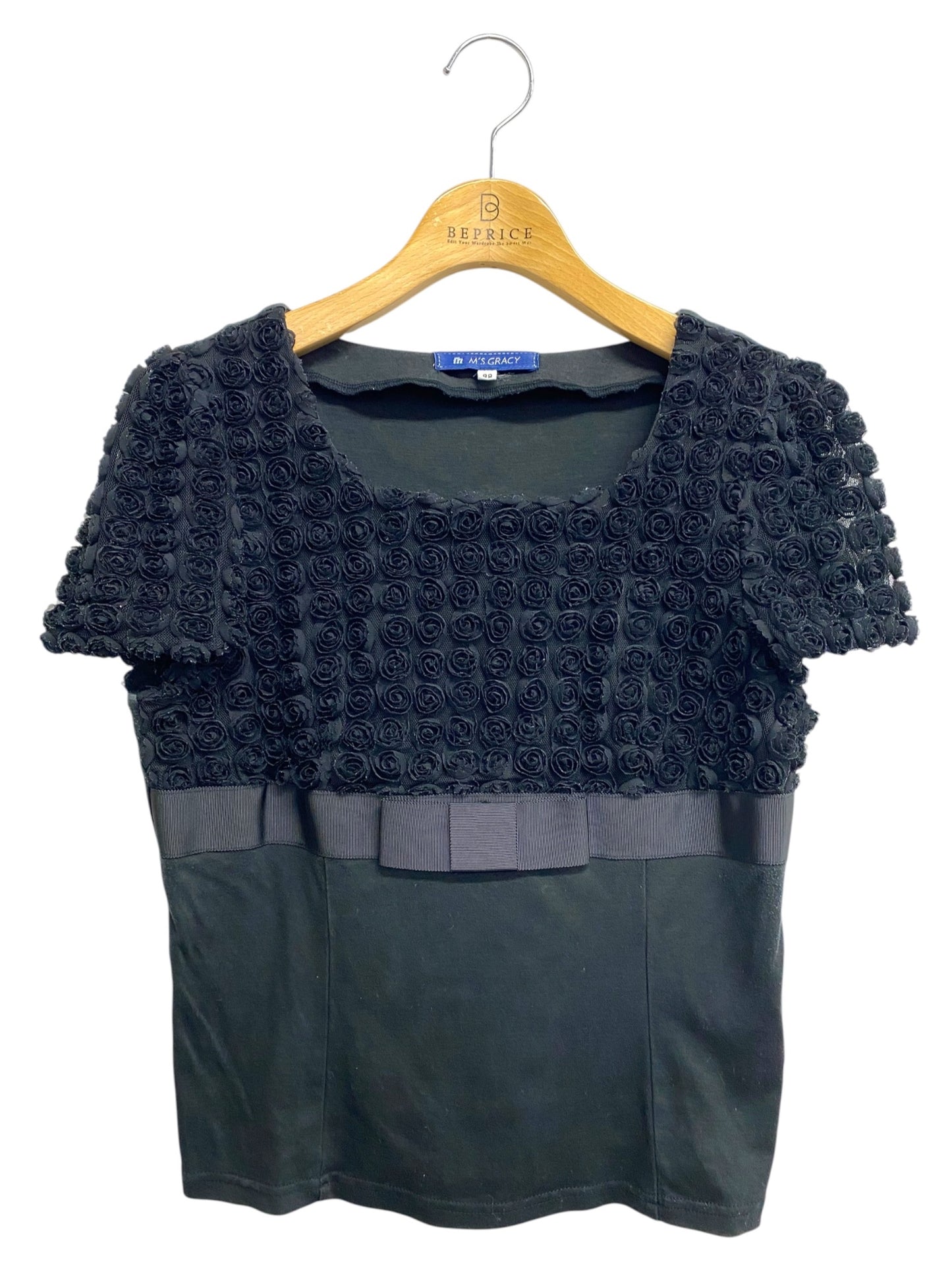 エムズグレイシー 125105 Tシャツ カットソー 38 ブラック ローズチュール リボン 切替 IT5RFX1UT2UT